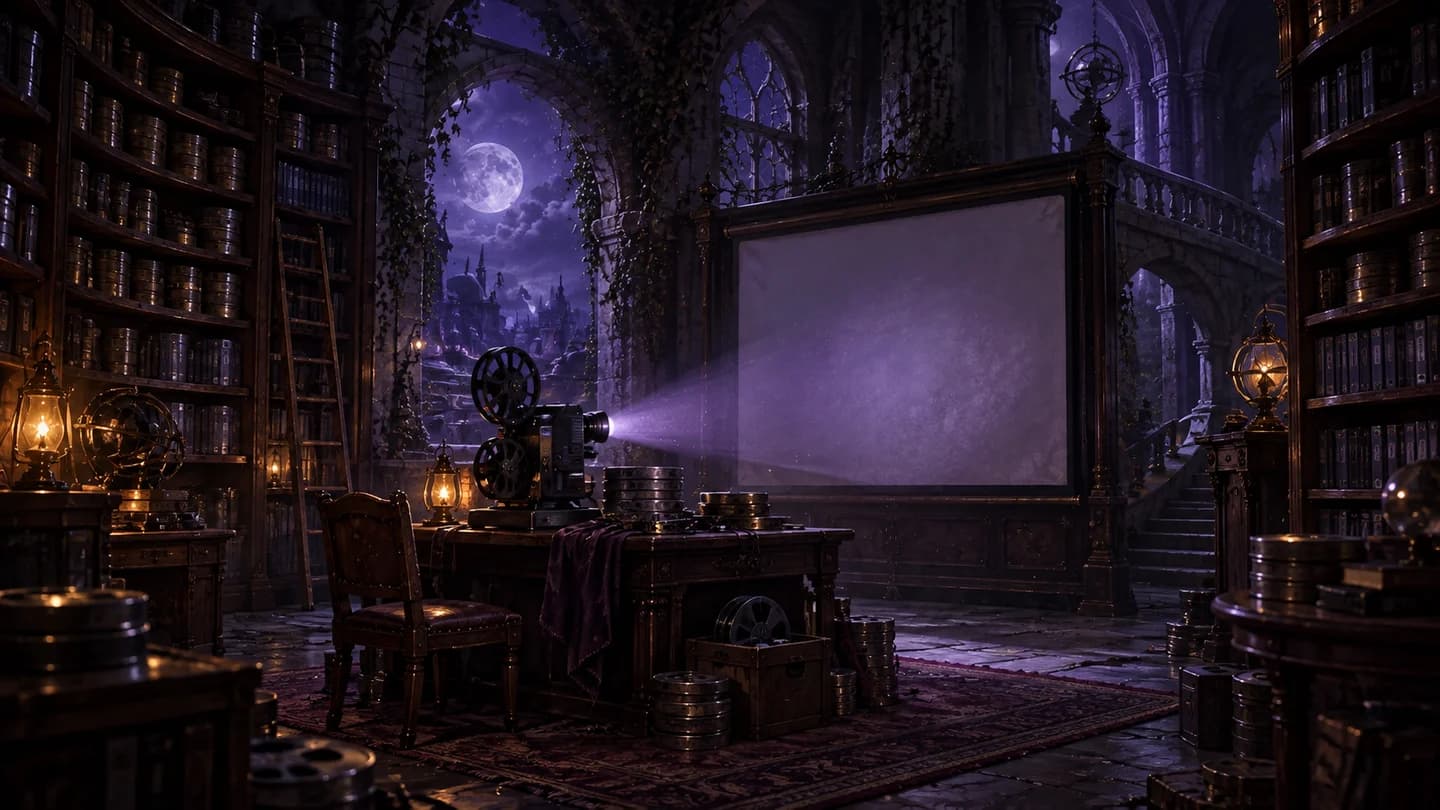 An illustrated moonlit library with a film projector, shelves of stories, and a quiet reading chair